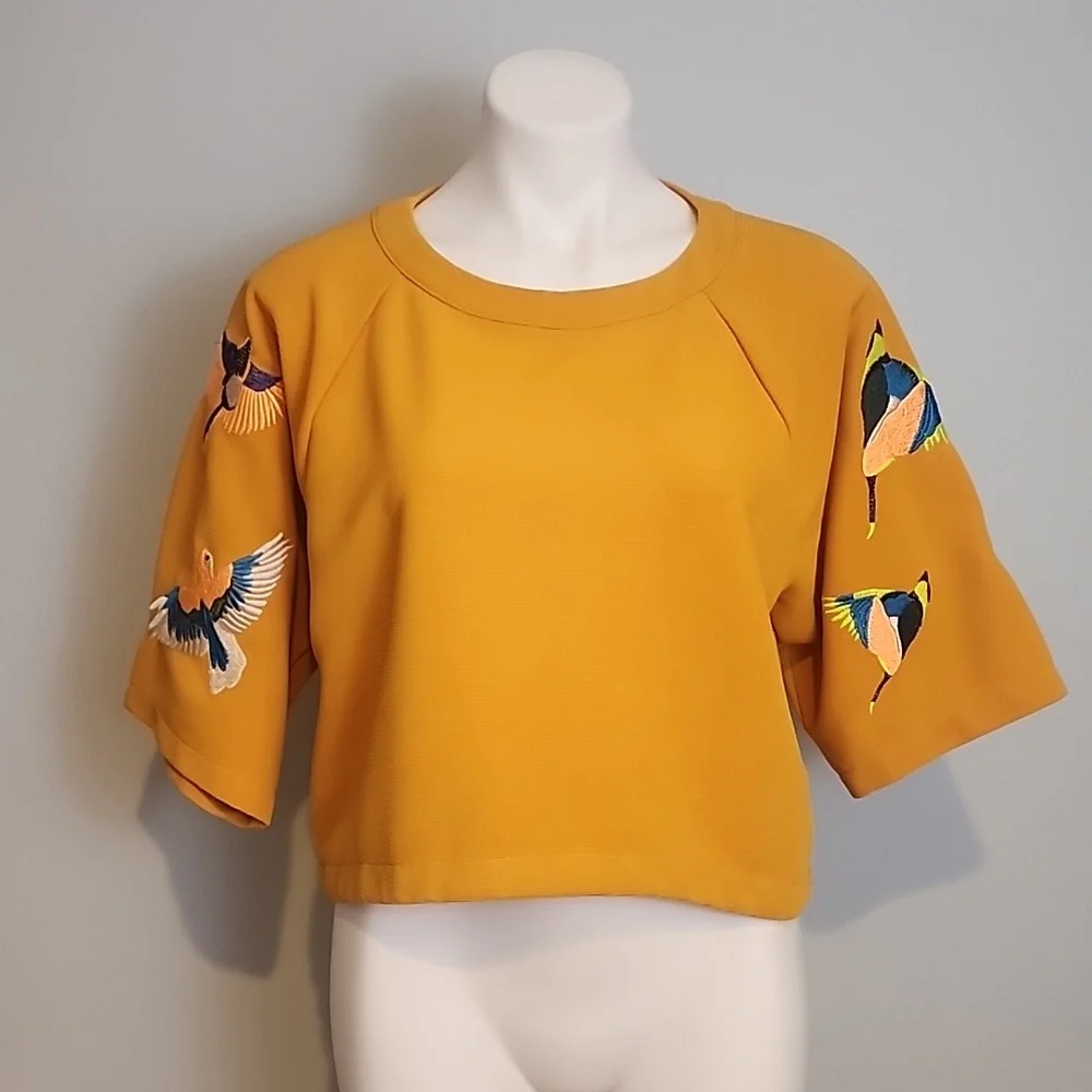 Mustard Seed Yellow Embroidered Bird Crop Top - Picture 2 of 12